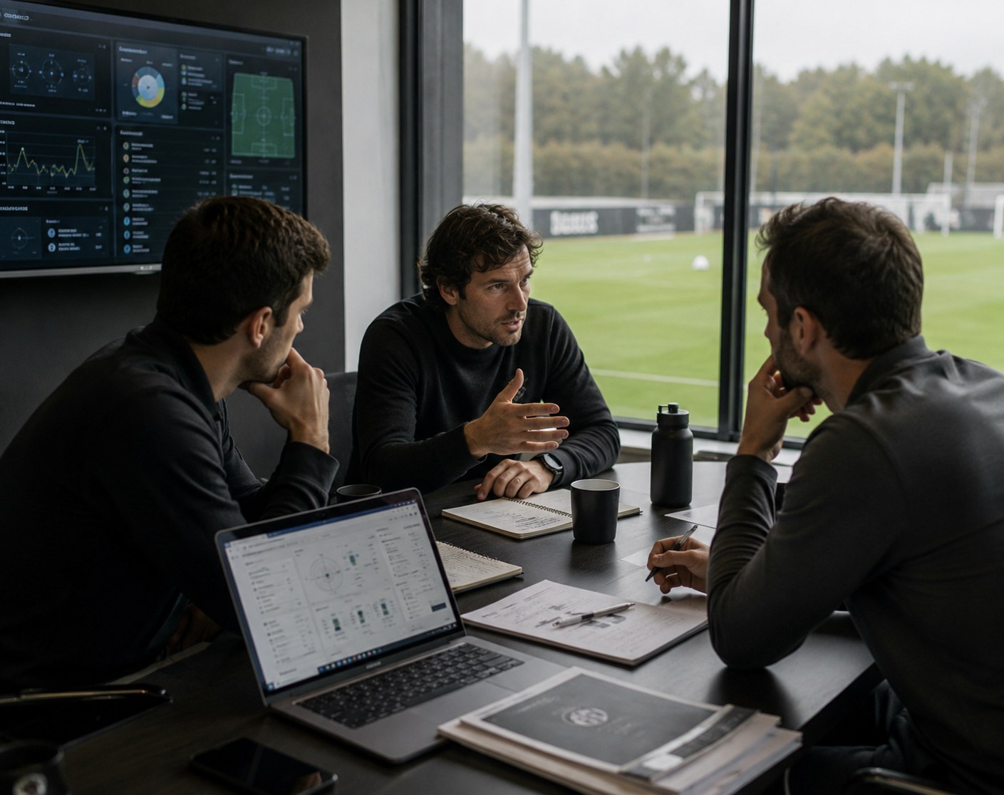 Profesionales de un club trabajando juntos en una decisión deportiva